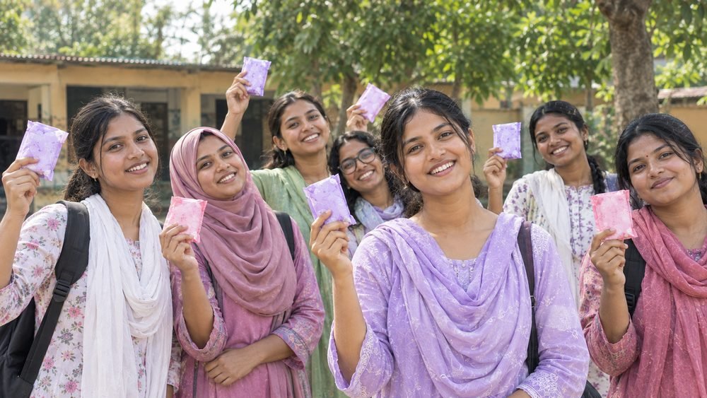 Students holding sanitary pads received through a Shapla Wellbeing campaign