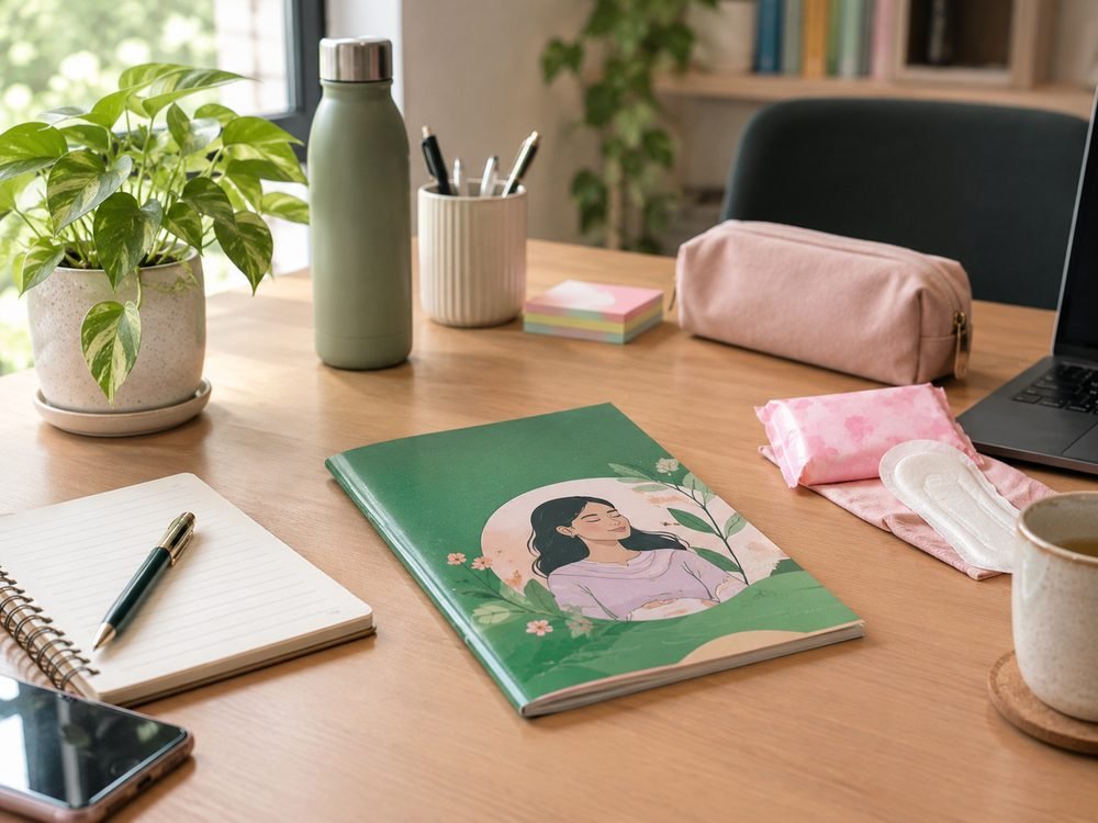 A period-friendly workplace guide on a desk alongside menstrual products